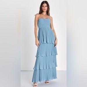 Blue Pleated Strapless Tiered Maxi Prompageant Dress